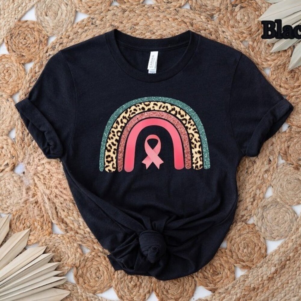 Leopard Rainbow  Ribbon Shirt Breast Cancer Awareness Shirt For Women
